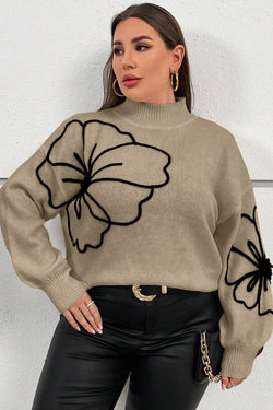 Plus size dark khaki sweater with large flower pattern, high neck, dropped shoulders