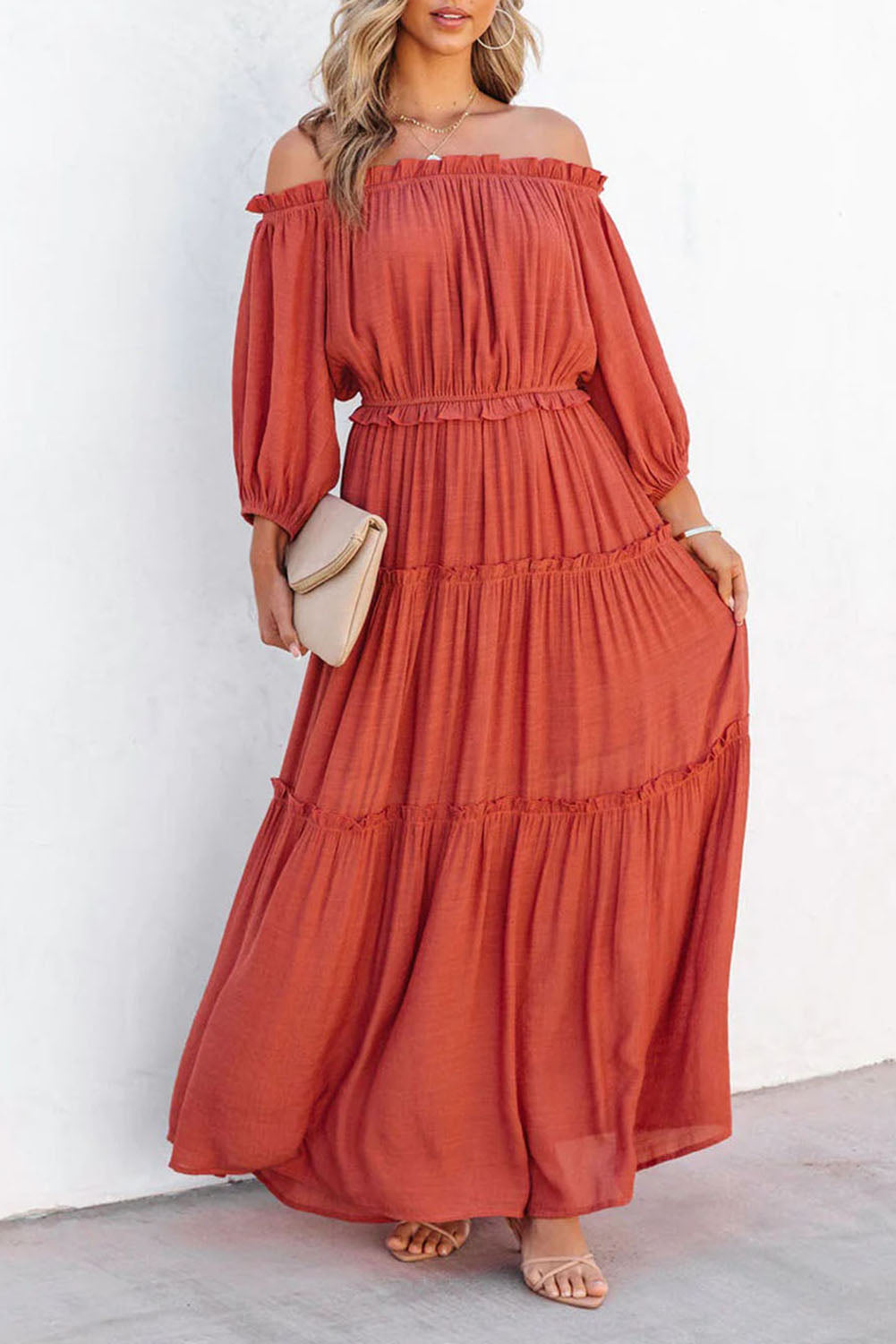 Orange Off Balloon Balloon Soueve Coupte Ruffled Maxi Robe