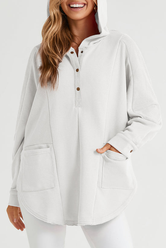 White Oversized Henley Hoodie with Side Pockets and Patchwork