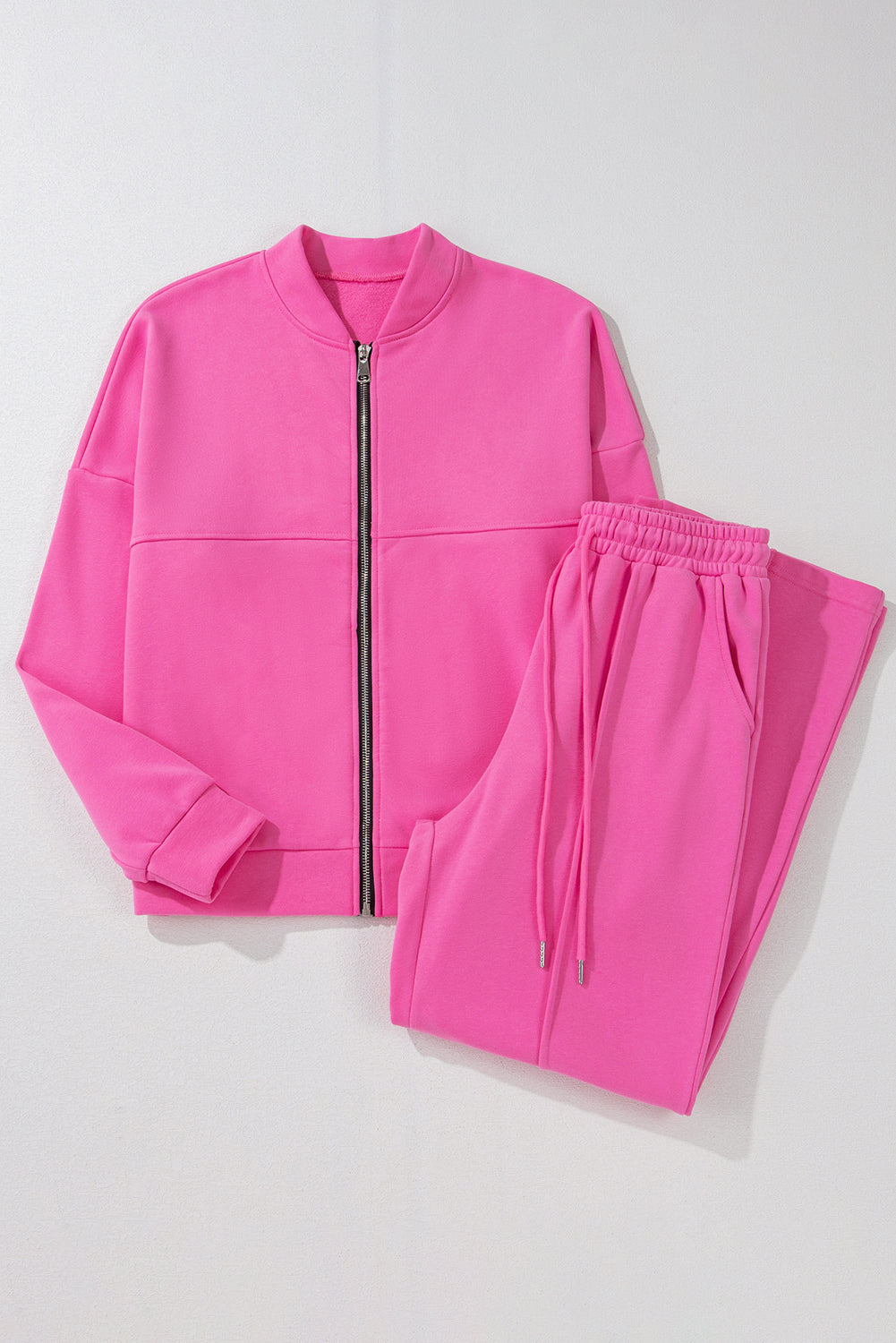 Hot Pink Solid Stitch Zip-Up Jacket and Drawstring Waist Pants Set