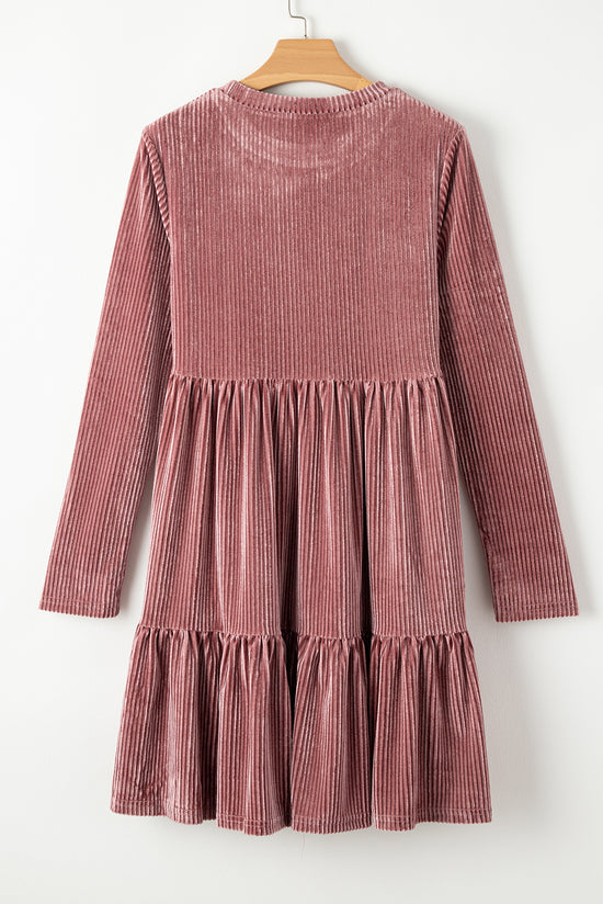 Textured velvet dress on several pale chestnut levels with long sleeves