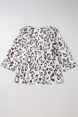 Khaki blouse printed leopard gathered with v * collar