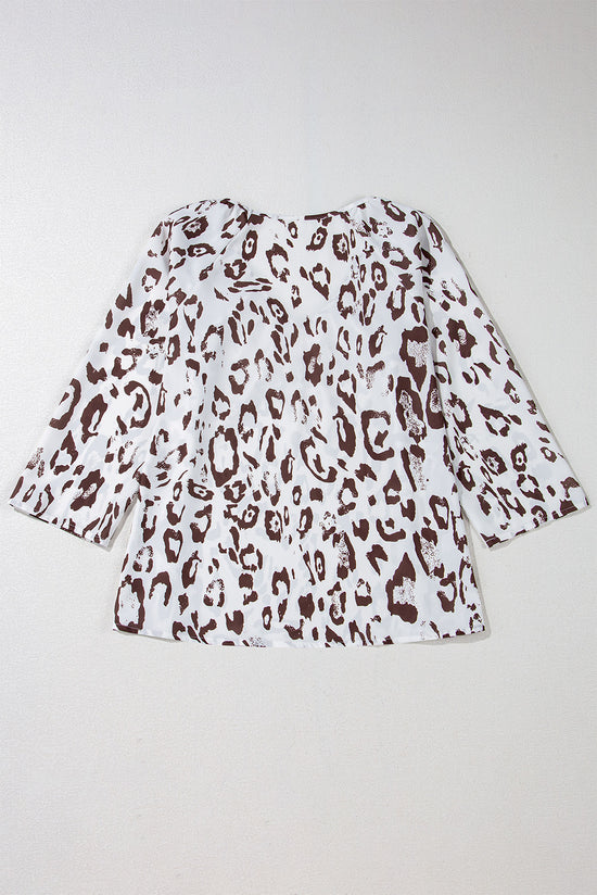 Khaki blouse printed leopard gathered with v * collar