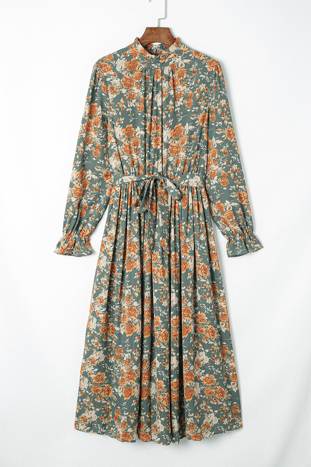 Green Pleated Floral Long Sleeve Maxi Dress with Tie