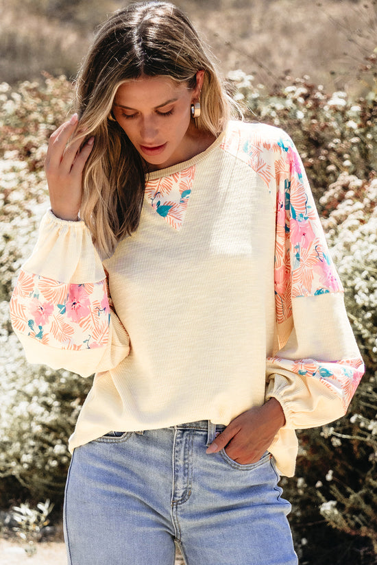 Ballon sleeve blouse in textured floral patchwork apricot