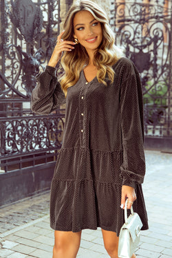 Dark Brown Textured Velvet V-Neck Straight Dress