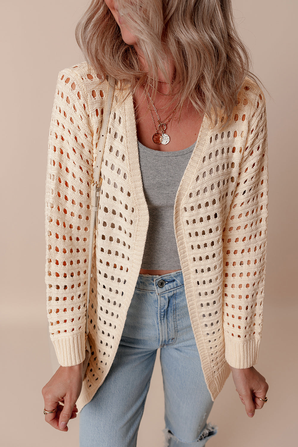 Cardigan Duster en tricot ouvert de couleur unie abricot