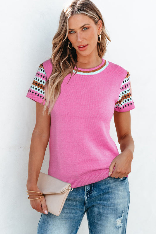 Bright Pink Contrast Printed Cap Sleeves Crewneck Sweater