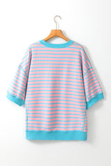 T-shirt up and down with pink stripes, oversized, contrasting border, exposed seams