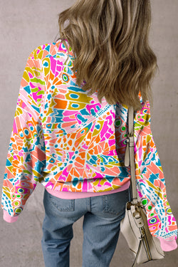 Pink Abstract Print Drop Shoulder Loose Sweatshirt