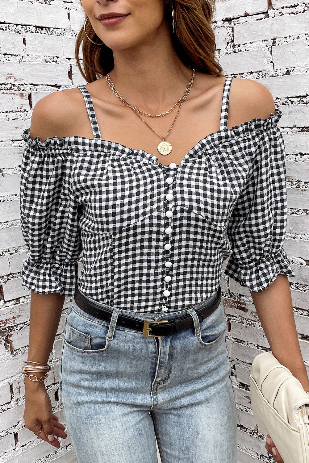 Schwarzer Schatz Gingham Button Down Cold Schulter Bluse