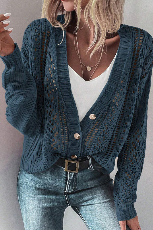 True Teal Open Knit Drop Shoulder Sweater Cardigan