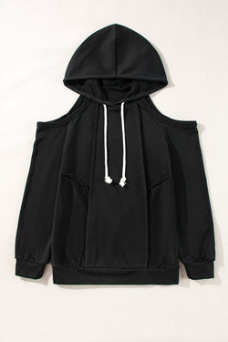 Black Drawstring Off Shoulder Hoodie with Seam Detail