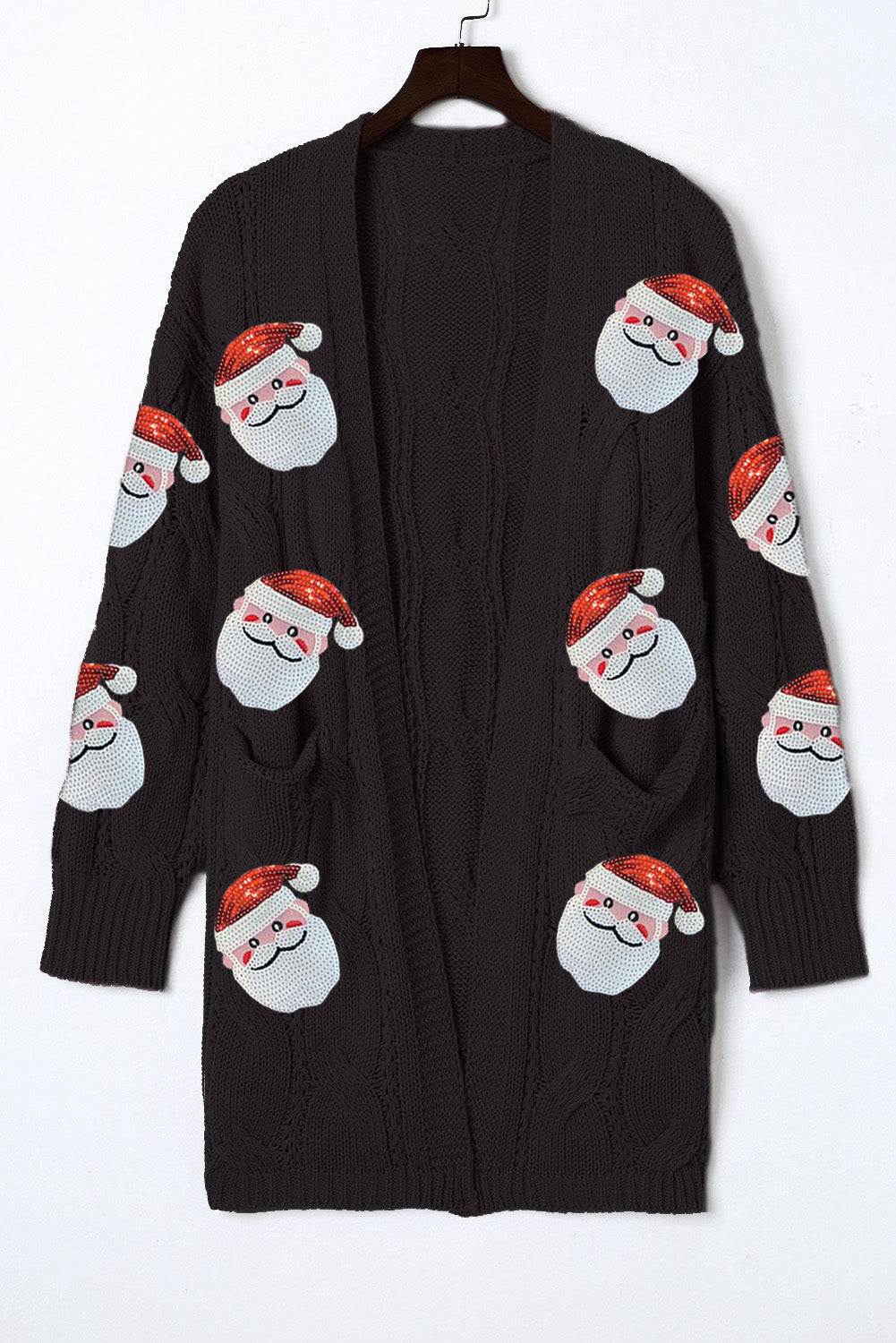 Black Sequined Santa Claus Cable Knit Open Cardigan