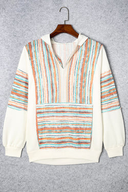 Multicolor Striped Patchwork Knit Hoodie with V-Neck and Drop Shoulders