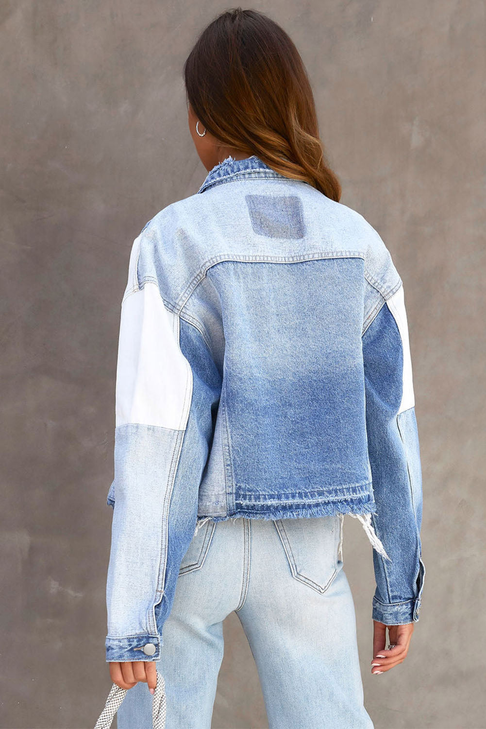 Giacca patchwork in denim a colori blu cielo