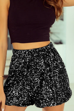 Black Sequin Straight Leg High Waisted Casual Shorts