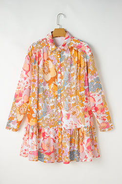 Mini-robe florale taille haute nouée boutonnée à volants jaune