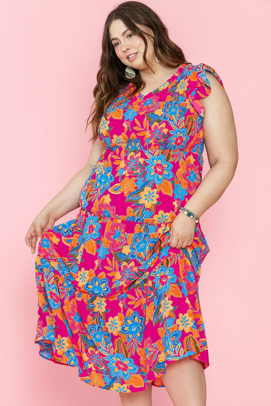 Robe longue rouge à imprimé floral et à volants sans manches de grande taille