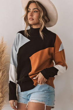 Orange Color Block Knit Sweater with Mock Neck and Dropped Shoulders