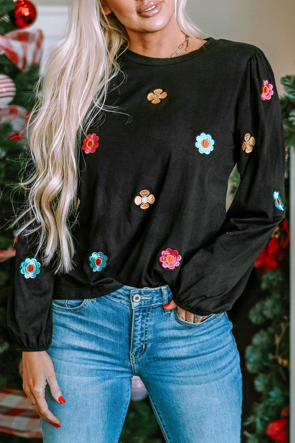 Black Floral Embroidered Puff Sleeve Top