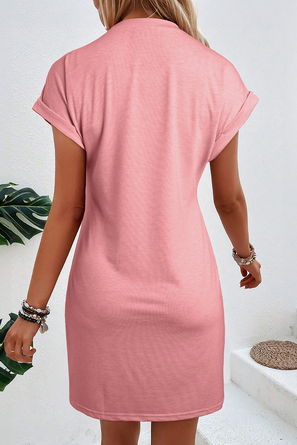 Rose - Robe t-shirt rose avec couture centrale et poignets roulés