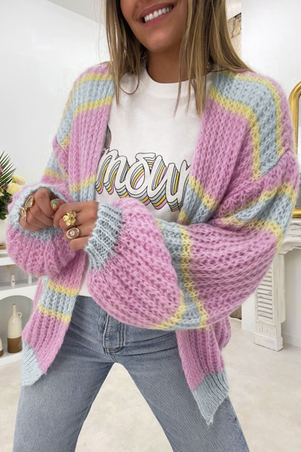 Cardigan torsadé ouvert sur le devant à rayures contrastées rose-A WOMAN WE LOVE