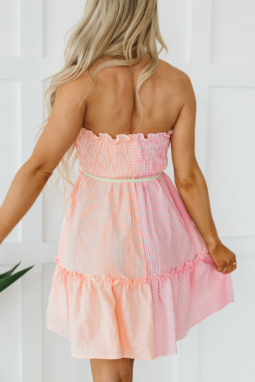 Pink Striped Color Block Smocked Button Ruffle Strapless Mini Dress