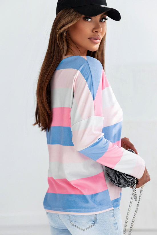 Pink Long Sleeve V-Neck Top with Contrast Stripes