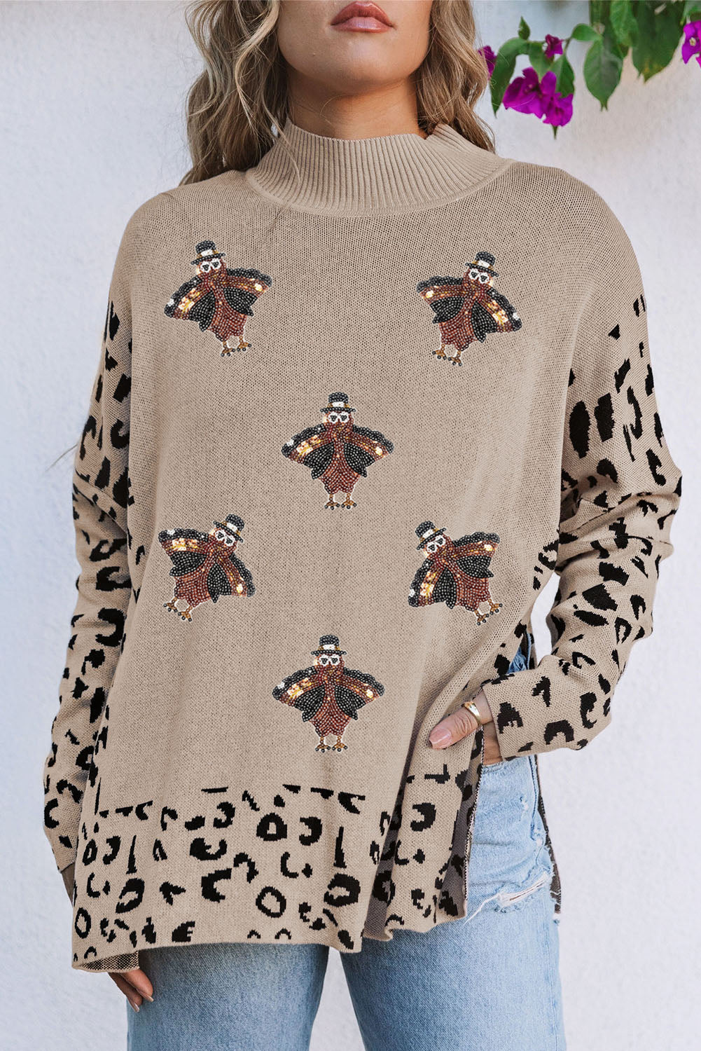 Khaki turtleneck sweater with slits, mixed pattern, turkey leopard pattern and slits