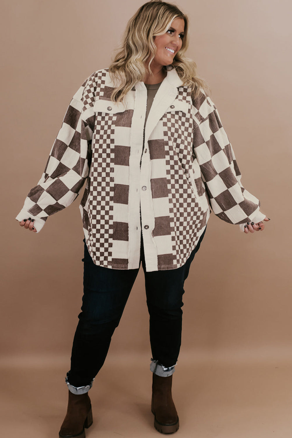 Brown Corduroy Long Jacket with Plaid and Color Block Print, Plus Size