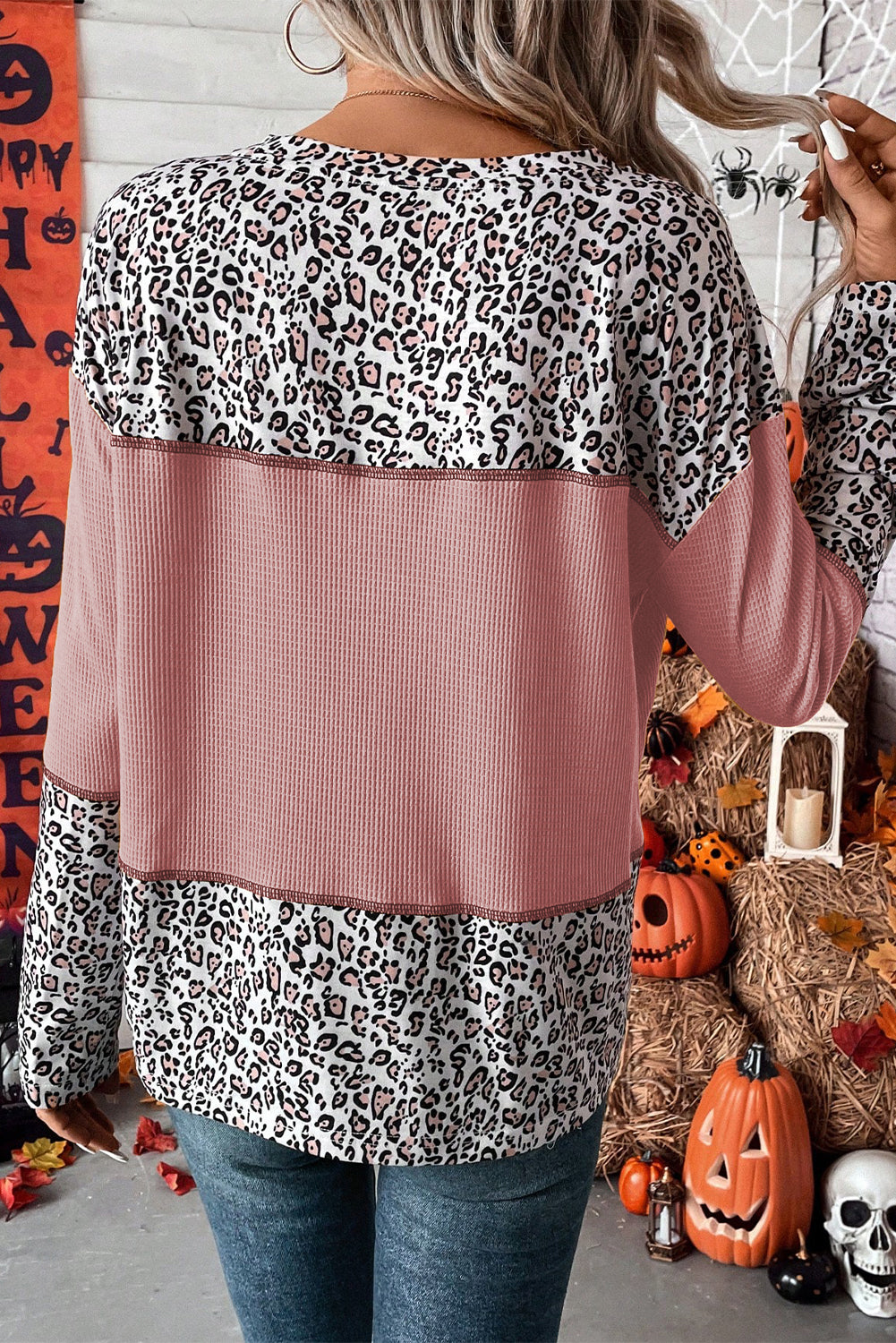 Top de patchwork de punto gofre con estampado de leopardo rosa claro