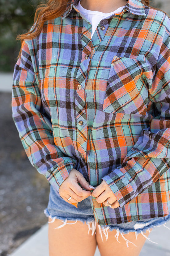 Chemise Boutonnée Imprimée à Carreaux Orange Grande Taille