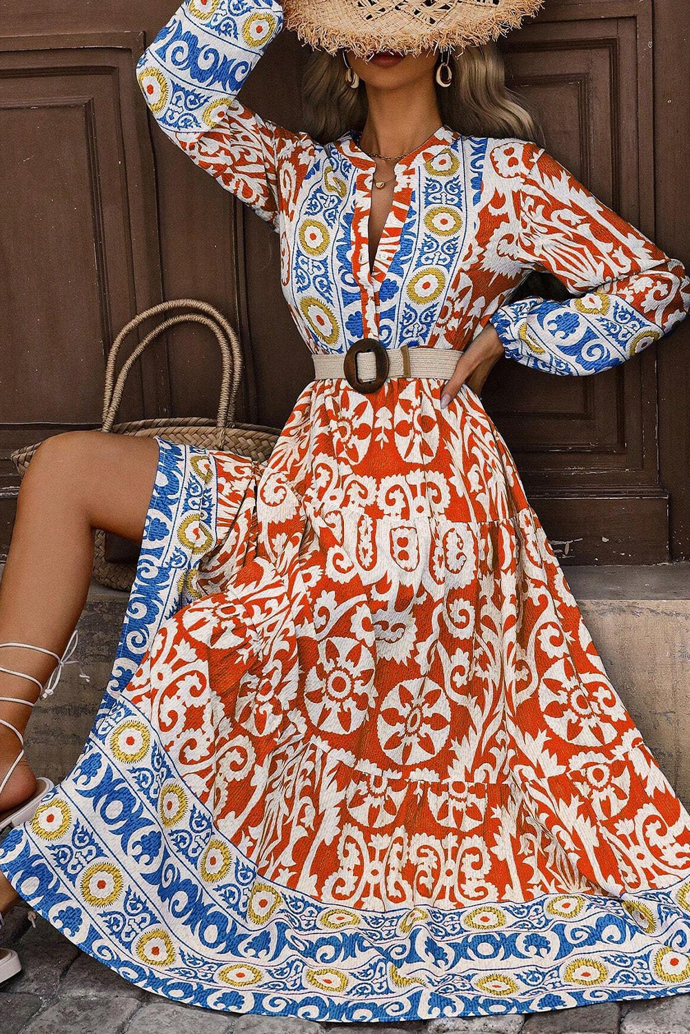 Orange Boho Geometrisch gedrucktes Langarm -Maxikleid