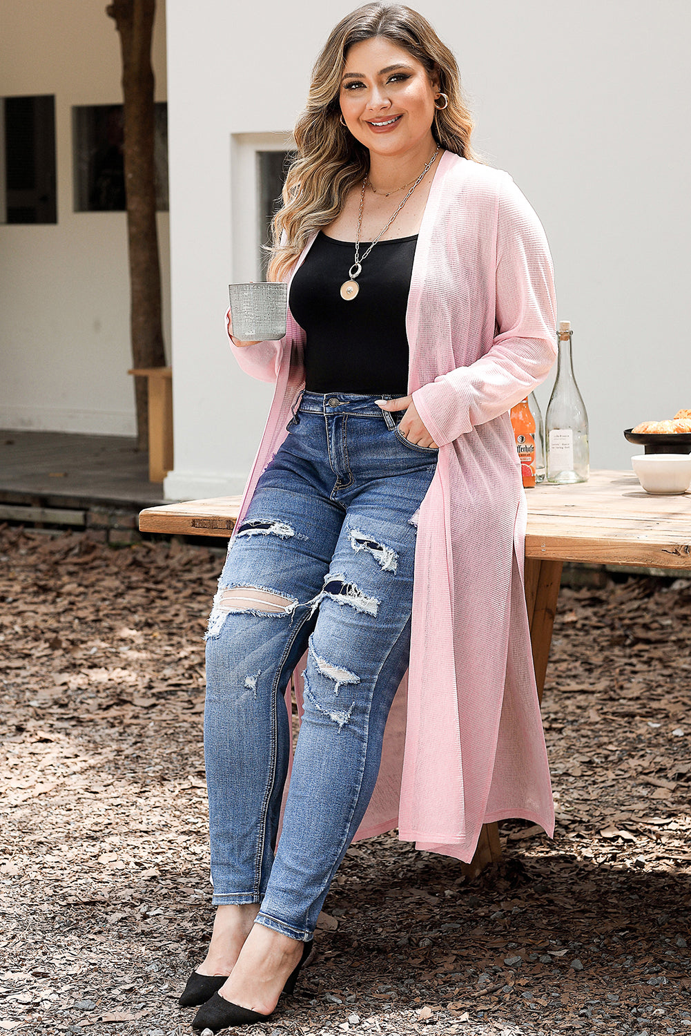 Cardigan rose long en maille transparente avec fente latérale, grande taille