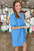 Blue solid color short puff sleeve pleated straight dress