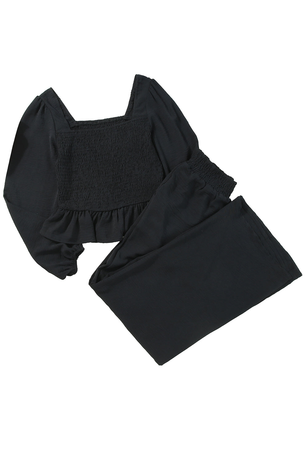 Black Square Neck Smocked Peplum Top und Hosenset Set