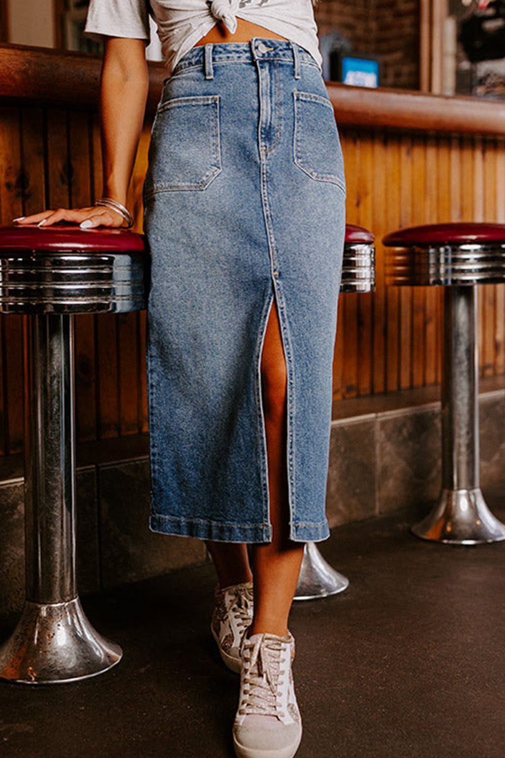 Sky Blue 4 Patch Pockets Front Slit Midi Denim Skirt