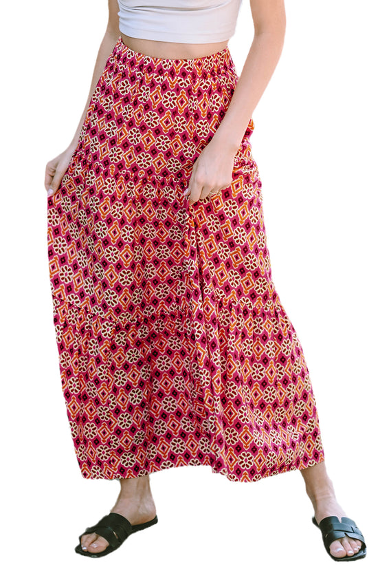 Long skirt with several levels with floral print bohemian vintage pink