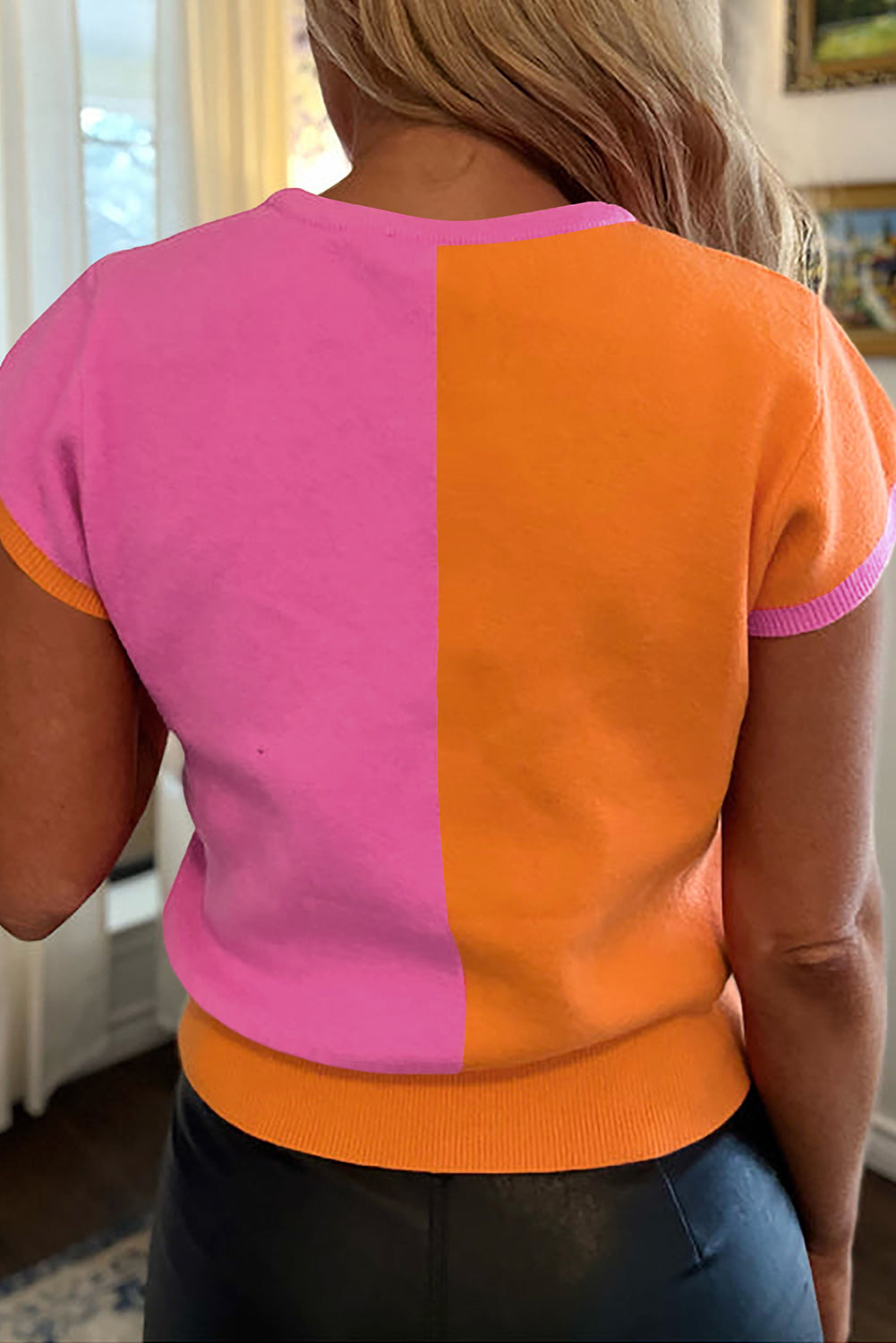 Haut pull à manches courtes en tricot color block Flamingo 2 tons