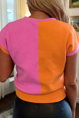 Haut pull à manches courtes en tricot color block Flamingo 2 tons