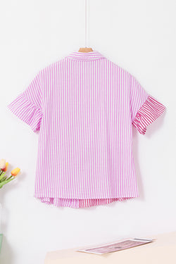 Shirt buttoned with pink stripes and ruffled hem in patchwork