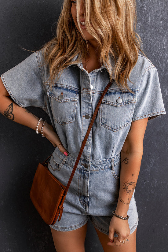 Vintage Light Blue Washed Button Pocket Denim Romper