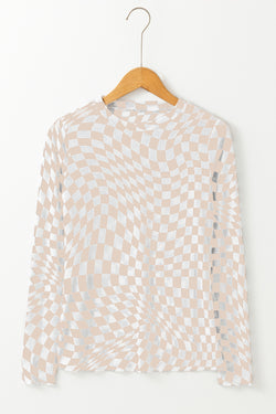 High khaki with long sleeves and climbed collar in checkered pattern mesh