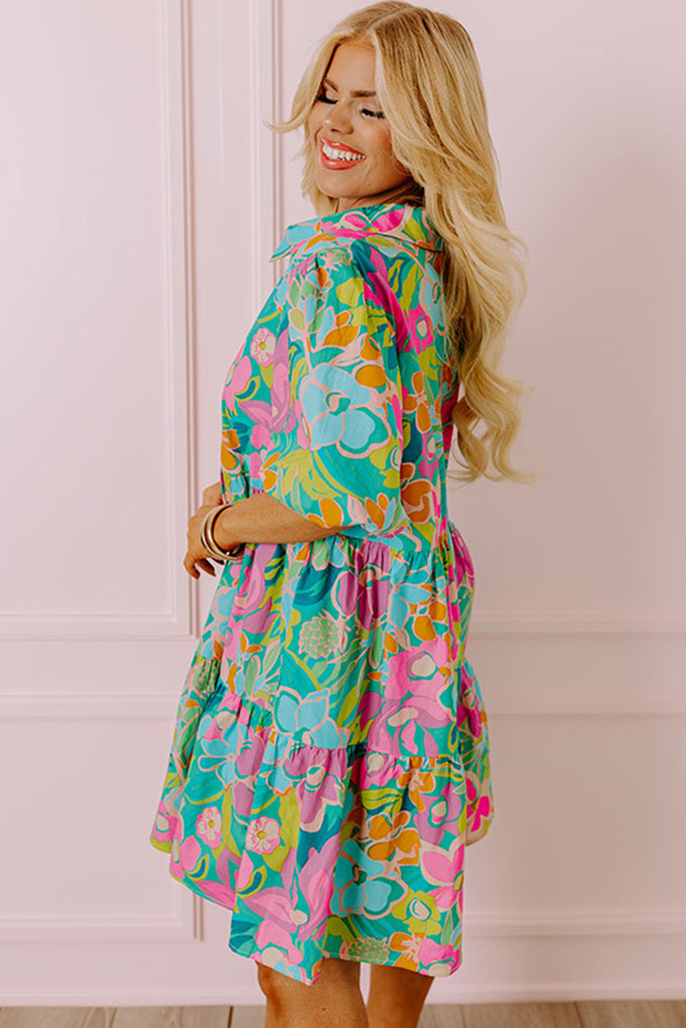 Green Plus - Robe chemise à volants et manches bouffantes à imprimé floral