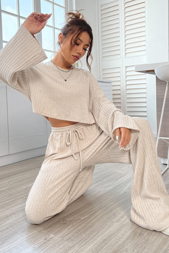 Khaki Ribbed Knit Bell Sleeve Crop Top and Drawstring Pants Set