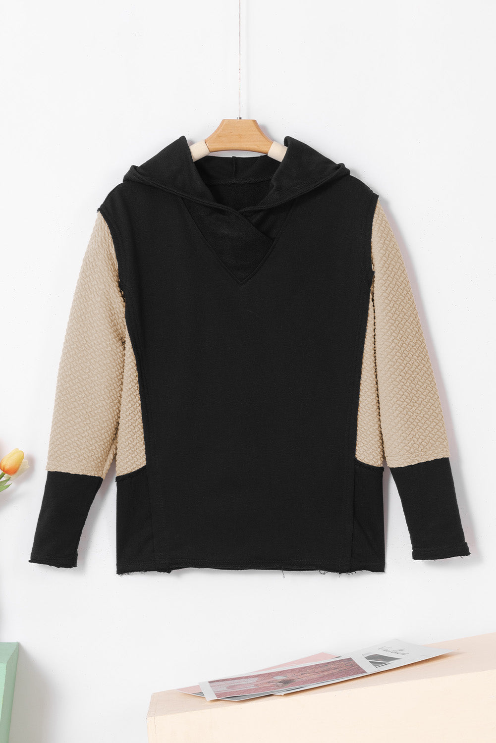 Schwarze Kontrastärmel Patchwork Colorblock Hoodie