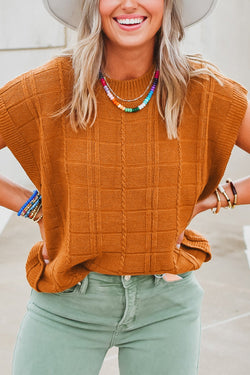 Textured sweater with short sleeves Chestnut Grid