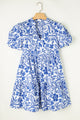 Blue Floral Print Puff Sleeve Tiered Dress