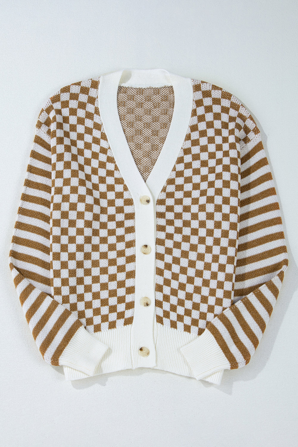 Brown Striped Plaid Button-Up V-Neck Cardigan